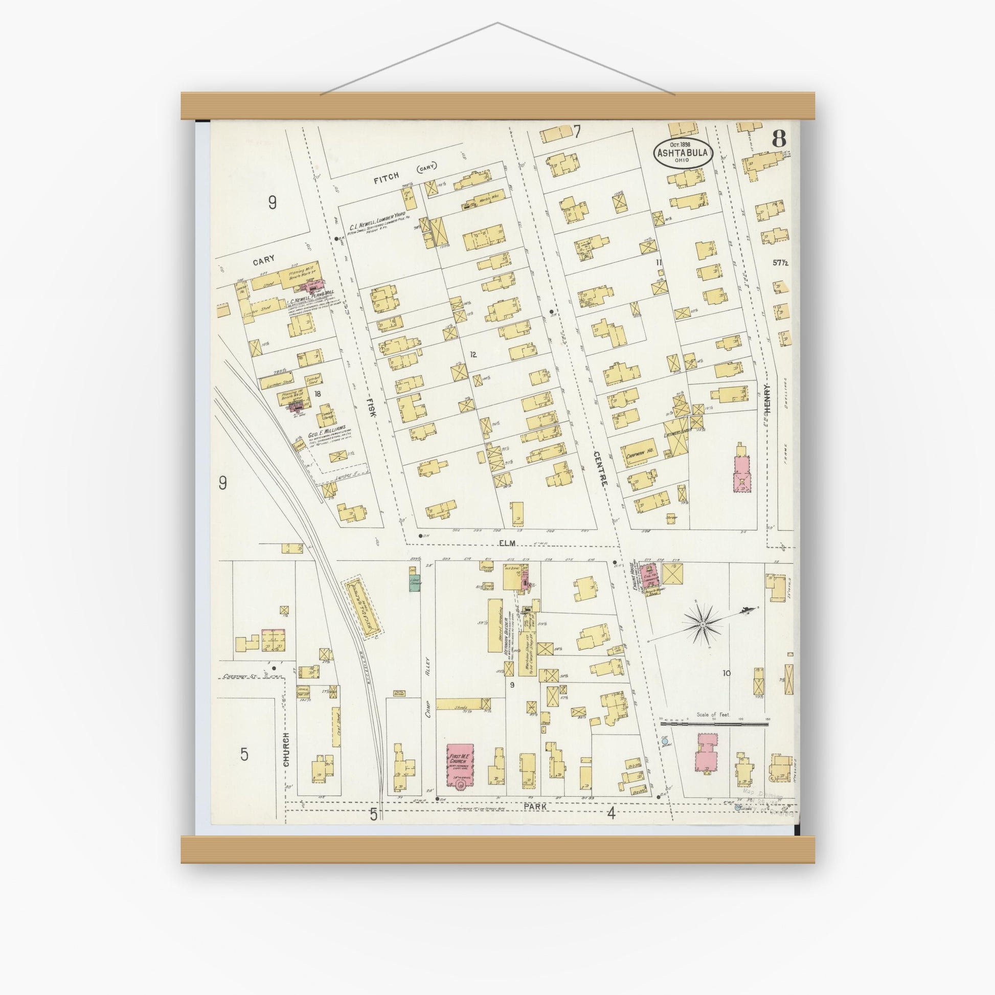 Old map wall art mockup — magnetic wood frame on white wall — Sanborn Fire Insurance Map from Ashtabula, Ashtabula County, Ohio (1898), Sheet #0008