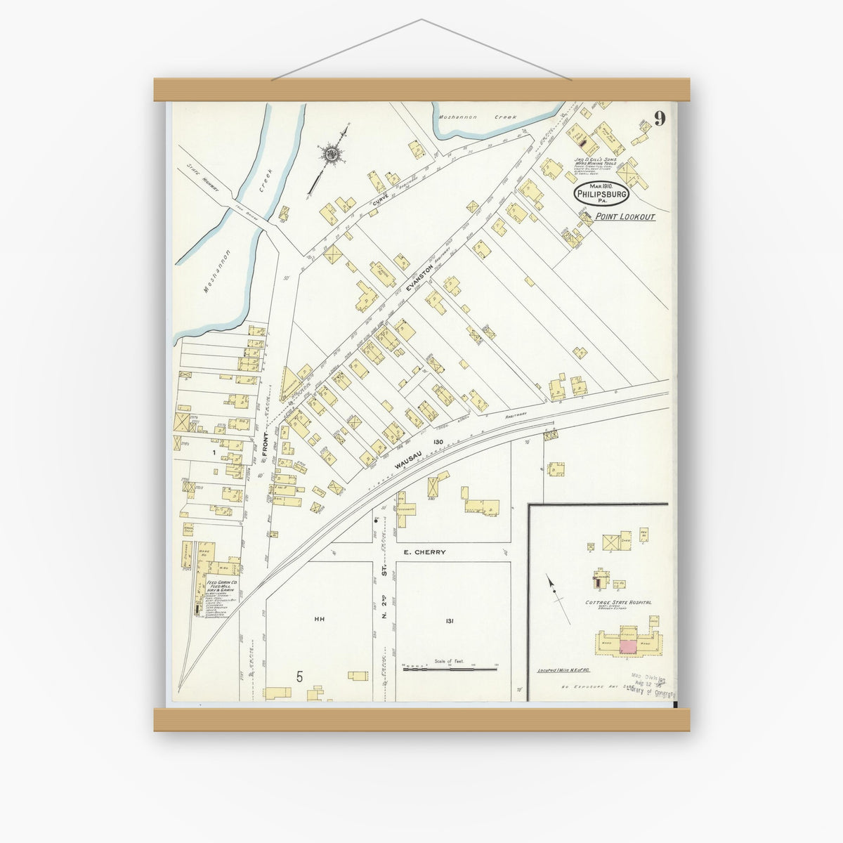 Old map wall art mockup — magnetic wood frame on white wall — Sanborn Fire Insurance Map from Philipsburg, Centre County, Pennsylvania (1910), Sheet #0009