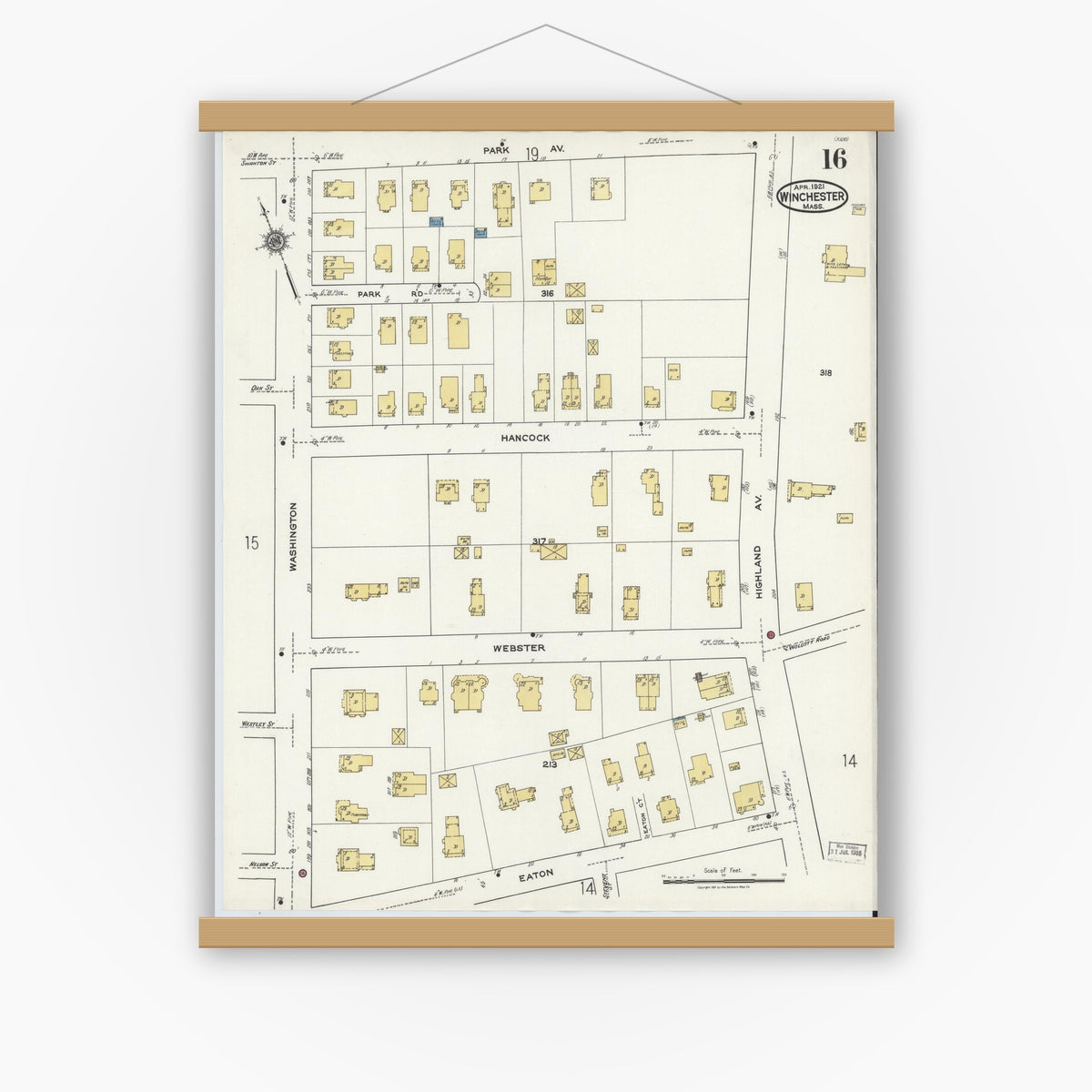 Old map wall art mockup — magnetic wood frame on white wall — Sanborn Fire Insurance Map from Winchester, Middlesex County, Massachusetts (1921), Sheet #0016