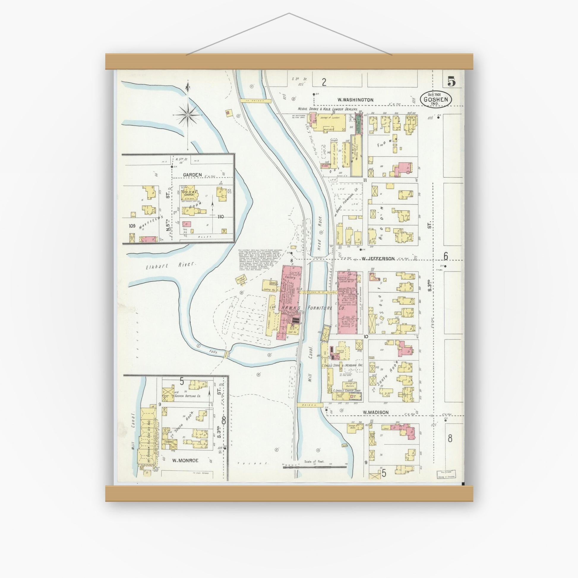 Old map wall art mockup — magnetic wood frame on white wall — Sanborn Fire Insurance Map from Goshen, Elkhart County, Indiana (1901), Sheet #0005