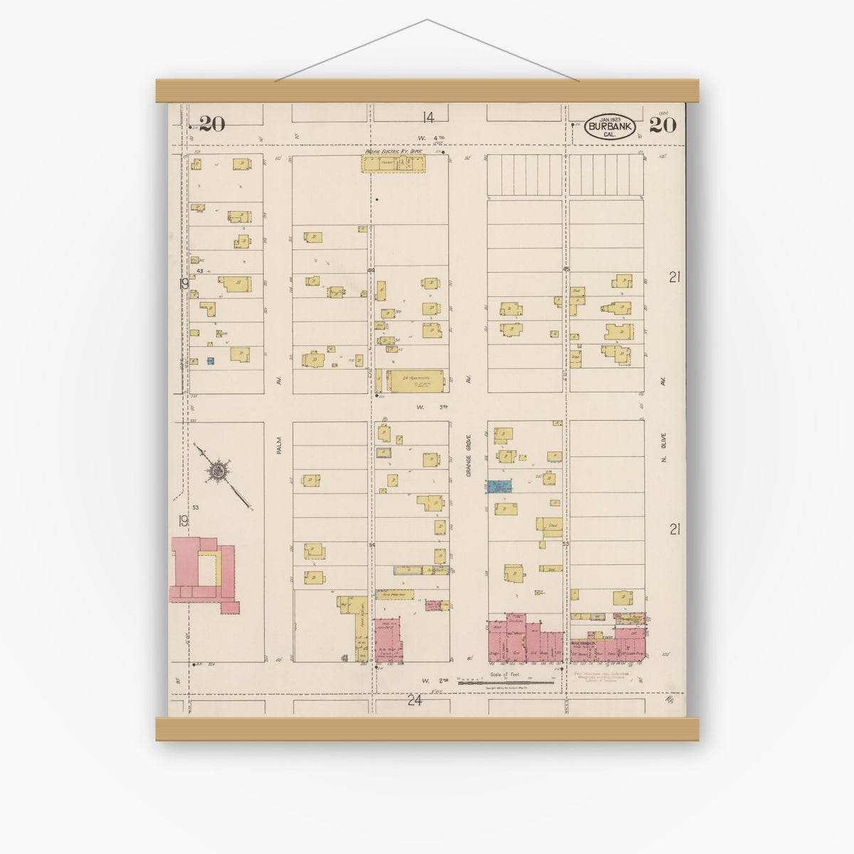 Old map wall art mockup — magnetic wood frame on white wall — Sanborn Fire Insurance Map from Burbank, Los Angeles County, California (1923), Sheet #0020