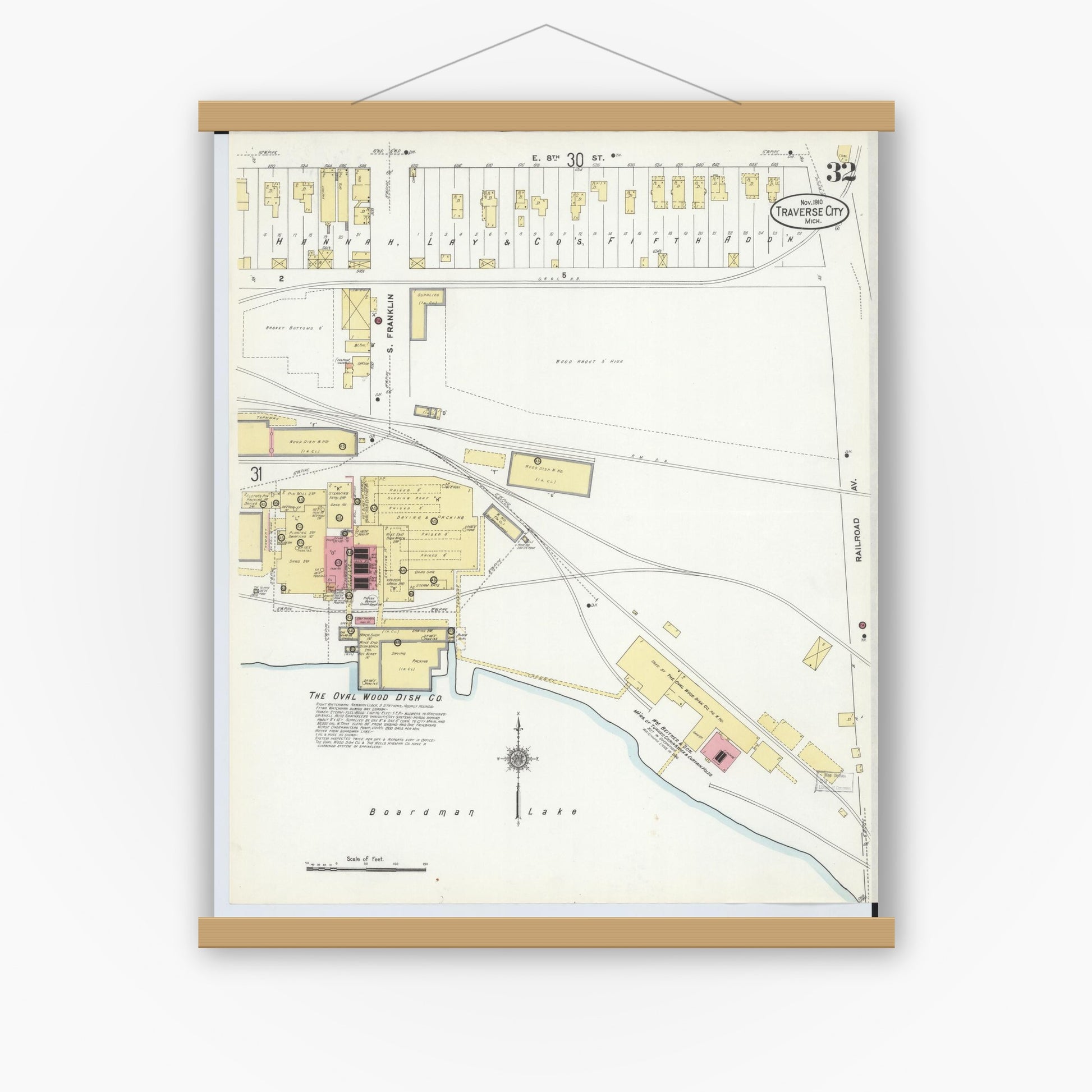 Old map wall art mockup — magnetic wood frame on white wall — Sanborn Fire Insurance Map from Traverse City, Grand Traverse County, Michigan (1910), Sheet #0032