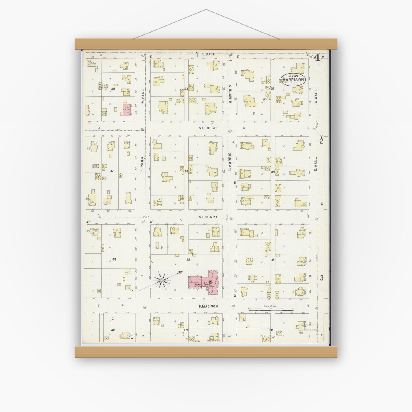 Old map wall art mockup — magnetic wood frame on white wall — Sanborn Fire Insurance Map from Morrison, Whiteside County, Illinois (1897), Sheet #0004