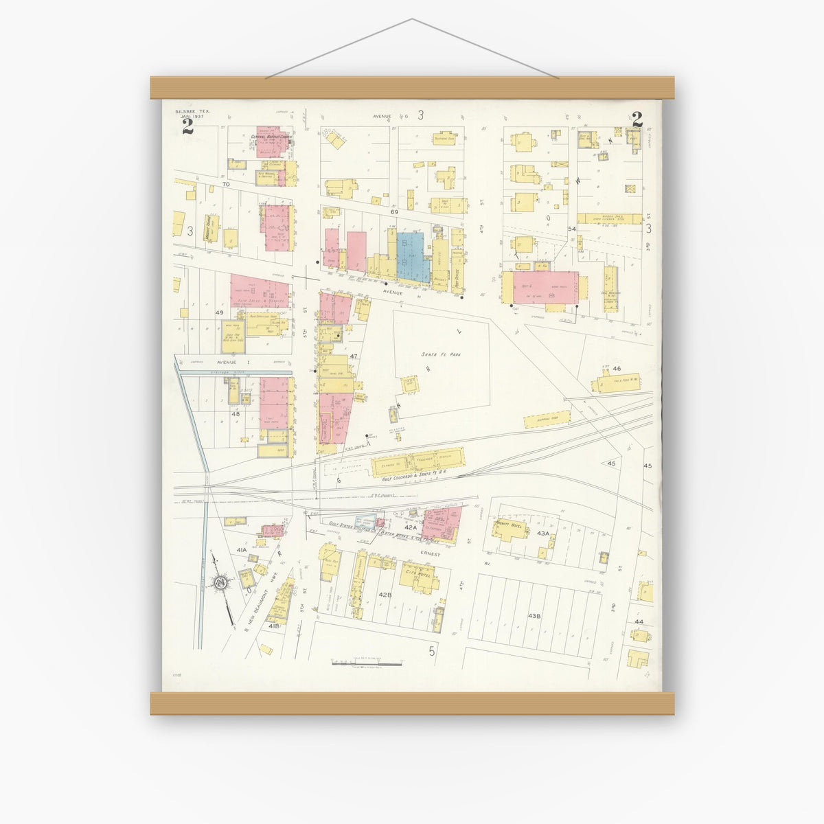 Old map wall art mockup — magnetic wood frame on white wall — Sanborn Fire Insurance Map from Silsbee, Hardin County, Texas (1937), Sheet #0002