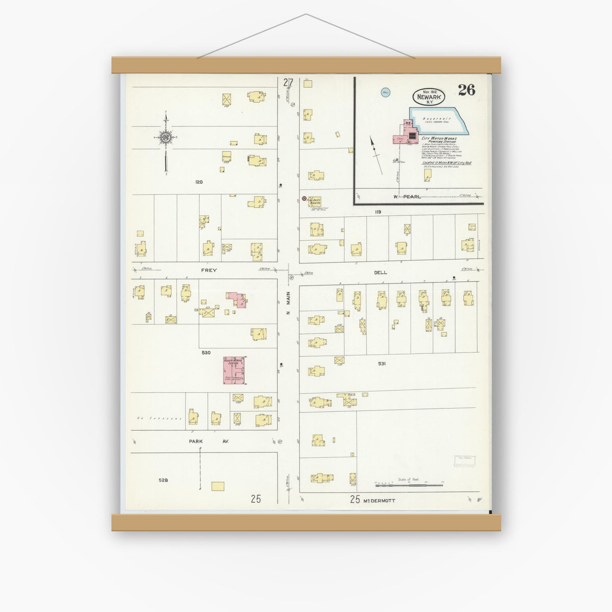 Old map wall art mockup — magnetic wood frame on white wall — Sanborn Fire Insurance Map from Newark, Wayne County, New York (1912), Sheet #0026