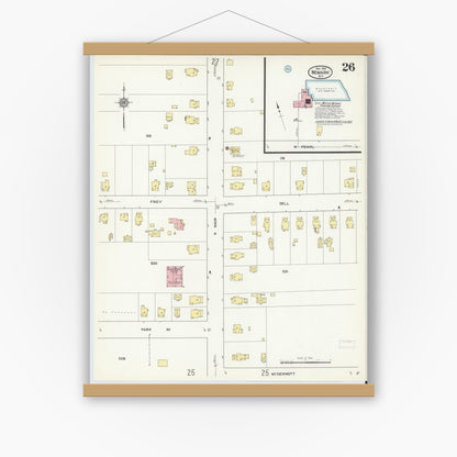 Old map wall art mockup — magnetic wood frame on white wall — Sanborn Fire Insurance Map from Newark, Wayne County, New York (1912), Sheet #0026