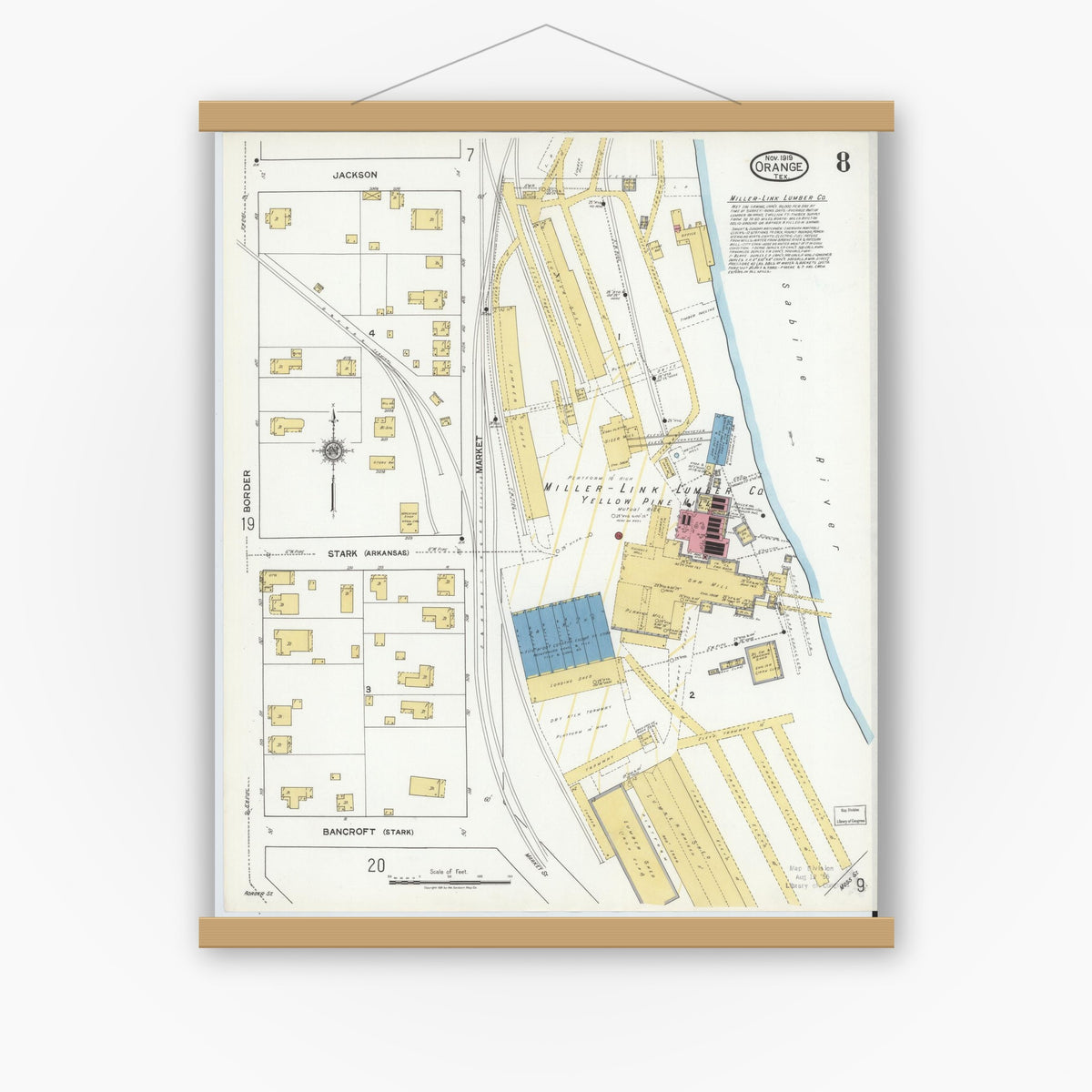 Old map wall art mockup — magnetic wood frame on white wall — Sanborn Fire Insurance Map from Orange, Orange County, Texas (1919), Sheet #0008