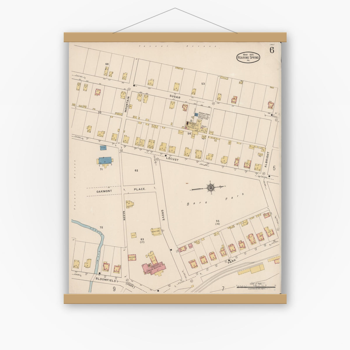 Old map wall art mockup — magnetic wood frame on white wall — Sanborn Fire Insurance Map from Roaring Spring, Blair County, Pennsylvania (1922), Sheet #0006