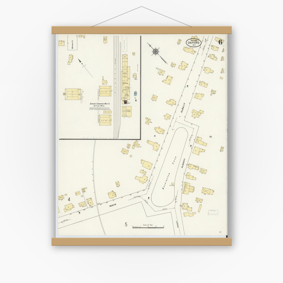 Old map wall art mockup — magnetic wood frame on white wall — Sanborn Fire Insurance Map from Oxford, Chenango County, New York (1910), Sheet #0006
