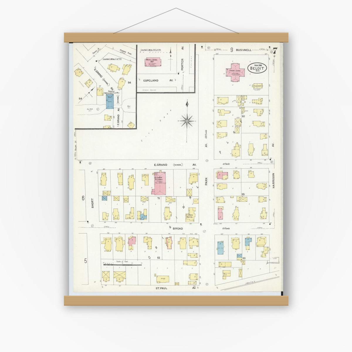 Old map wall art mockup — magnetic wood frame on white wall — Sanborn Fire Insurance Map from Beloit, Rock County, Wisconsin (1908), Sheet #0007