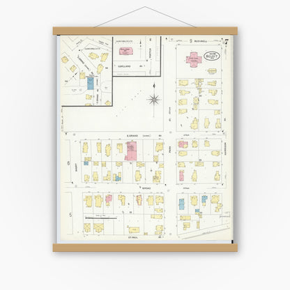Old map wall art mockup — magnetic wood frame on white wall — Sanborn Fire Insurance Map from Beloit, Rock County, Wisconsin (1908), Sheet #0007