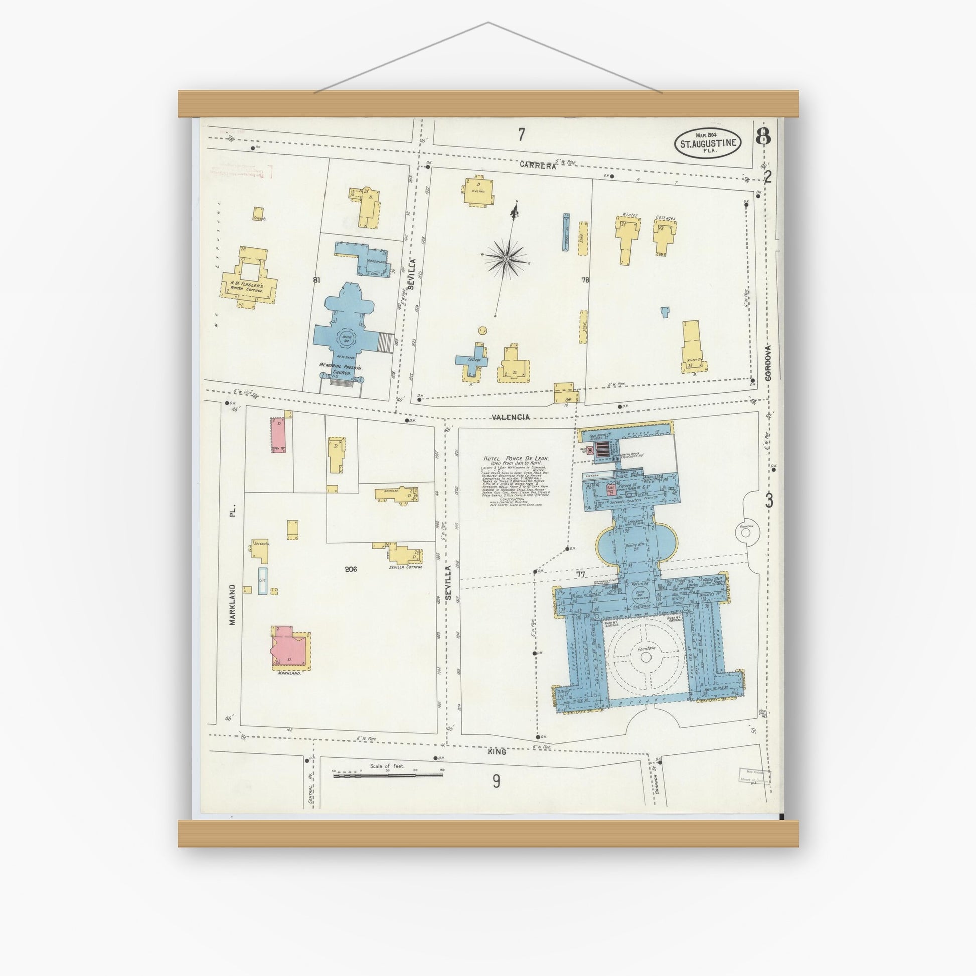 Old map wall art mockup — magnetic wood frame on white wall — Sanborn Fire Insurance Map from Saint Augustine, Saint John's County, Florida (1904), Sheet #0008