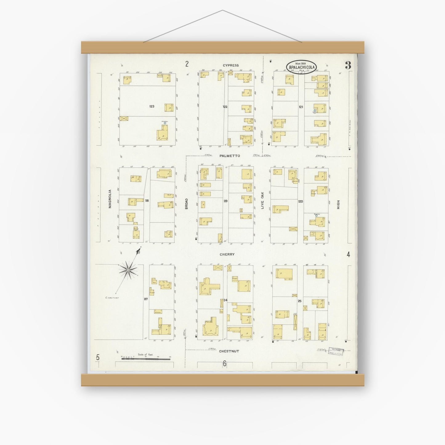 Old map wall art mockup — magnetic wood frame on white wall — Sanborn Fire Insurance Map from Apalachicola, Franklin County, Florida (1909) - Complete Map Set