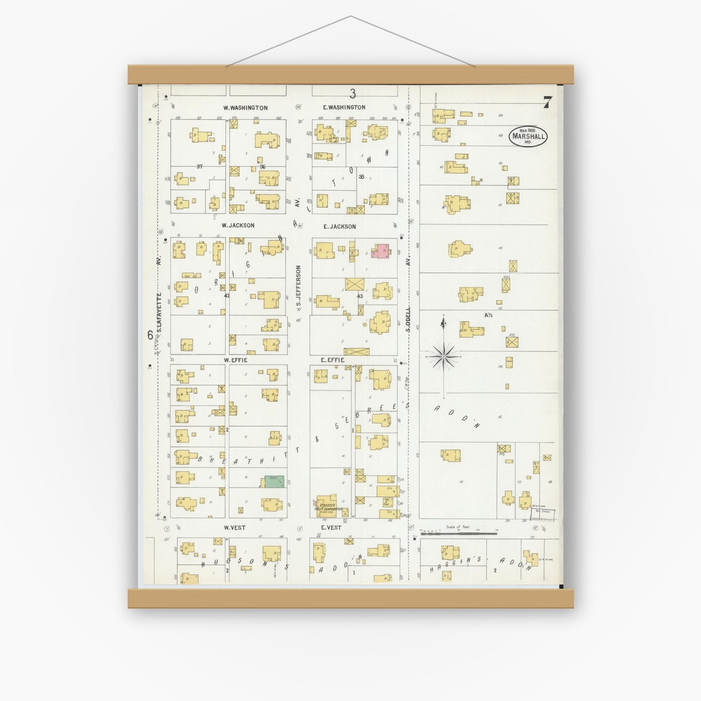 Old map wall art mockup — magnetic wood frame on white wall — Sanborn Fire Insurance Map from Marshall, Saline County, Missouri (1900), Sheet #0007