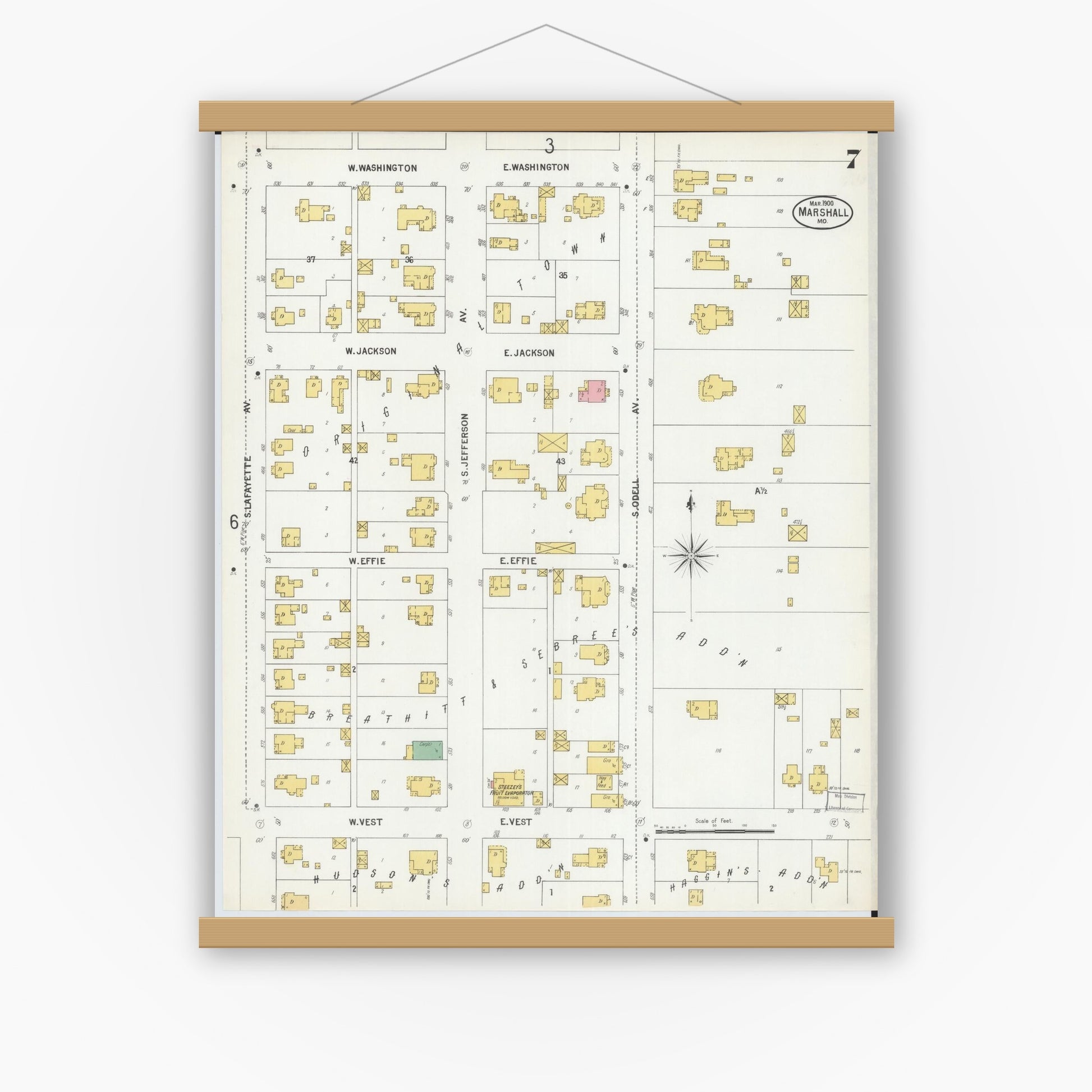 Old map wall art mockup — magnetic wood frame on white wall — Sanborn Fire Insurance Map from Marshall, Saline County, Missouri (1900), Sheet #0007