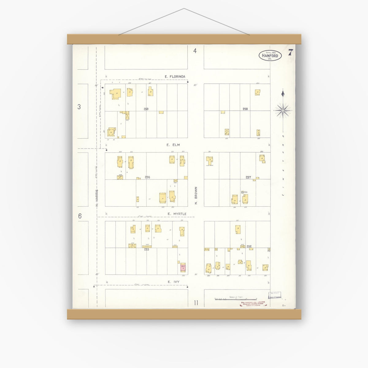Old map wall art mockup — magnetic wood frame on white wall — Sanborn Fire Insurance Map from Hanford, Kings County, California (1905), Sheet #0007