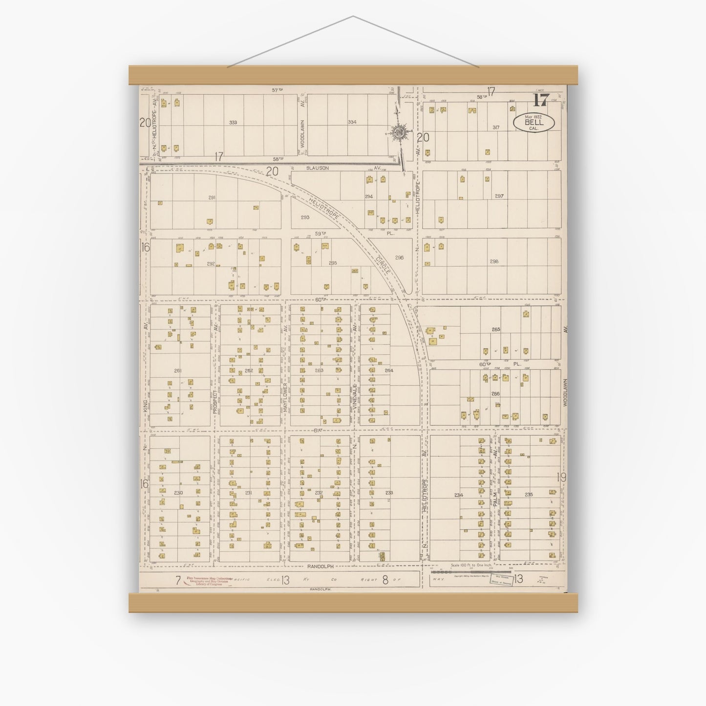 Old map wall art mockup — magnetic wood frame on white wall — Sanborn Fire Insurance Map from Bell, Los Angeles County, California (1922), Sheet #0017