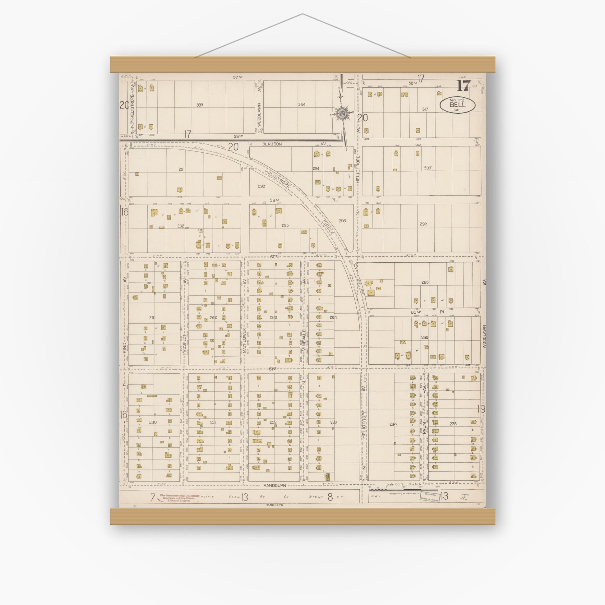 Old map wall art mockup — magnetic wood frame on white wall — Sanborn Fire Insurance Map from Bell, Los Angeles County, California (1922), Sheet #0017