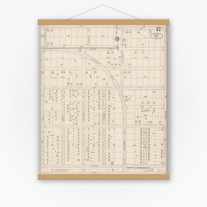 Old map wall art mockup — magnetic wood frame on white wall — Sanborn Fire Insurance Map from Bell, Los Angeles County, California (1922), Sheet #0017