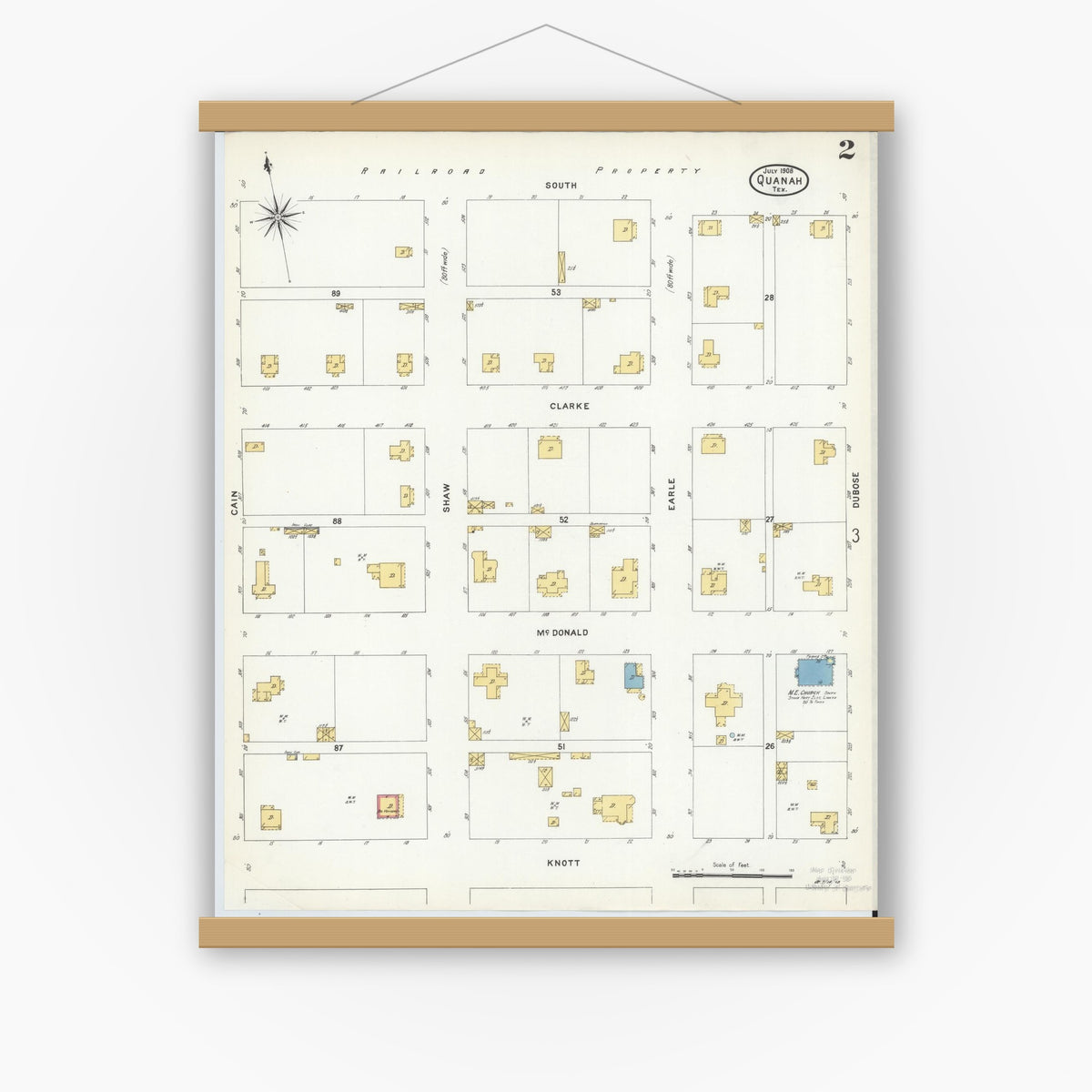 Old map wall art mockup — magnetic wood frame on white wall — Sanborn Fire Insurance Map from Quanah, Hardeman County, Texas (1908), Sheet #0002