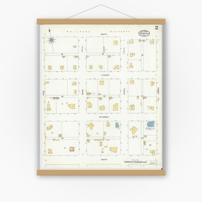 Old map wall art mockup — magnetic wood frame on white wall — Sanborn Fire Insurance Map from Quanah, Hardeman County, Texas (1908), Sheet #0002