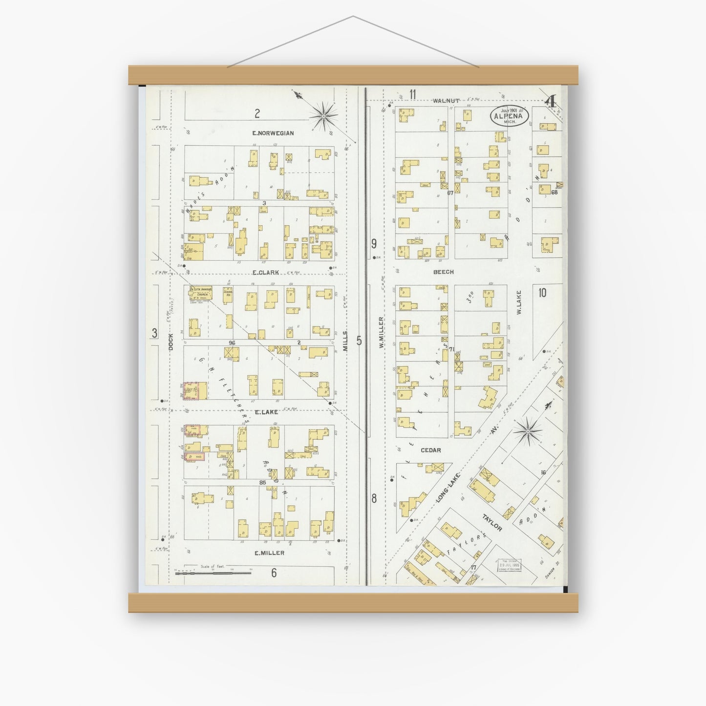 Old map wall art mockup — magnetic wood frame on white wall — Sanborn Fire Insurance Map from Alpena, Alpena County, Michigan (1901), Sheet #0004