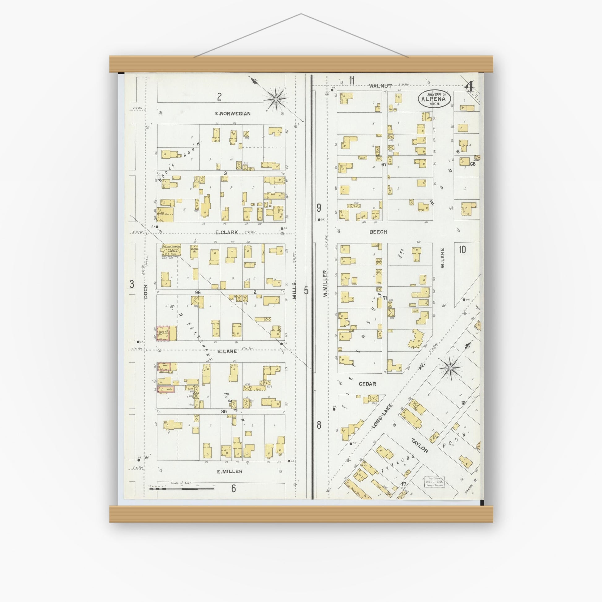 Old map wall art mockup — magnetic wood frame on white wall — Sanborn Fire Insurance Map from Alpena, Alpena County, Michigan (1901), Sheet #0004