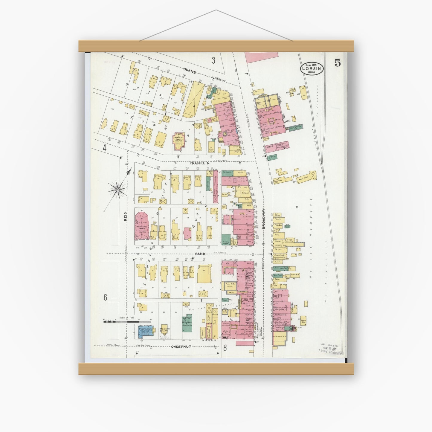 Old map wall art mockup — magnetic wood frame on white wall — Sanborn Fire Insurance Map from Lorain, Lorain County, Ohio (1905), Sheet #0005