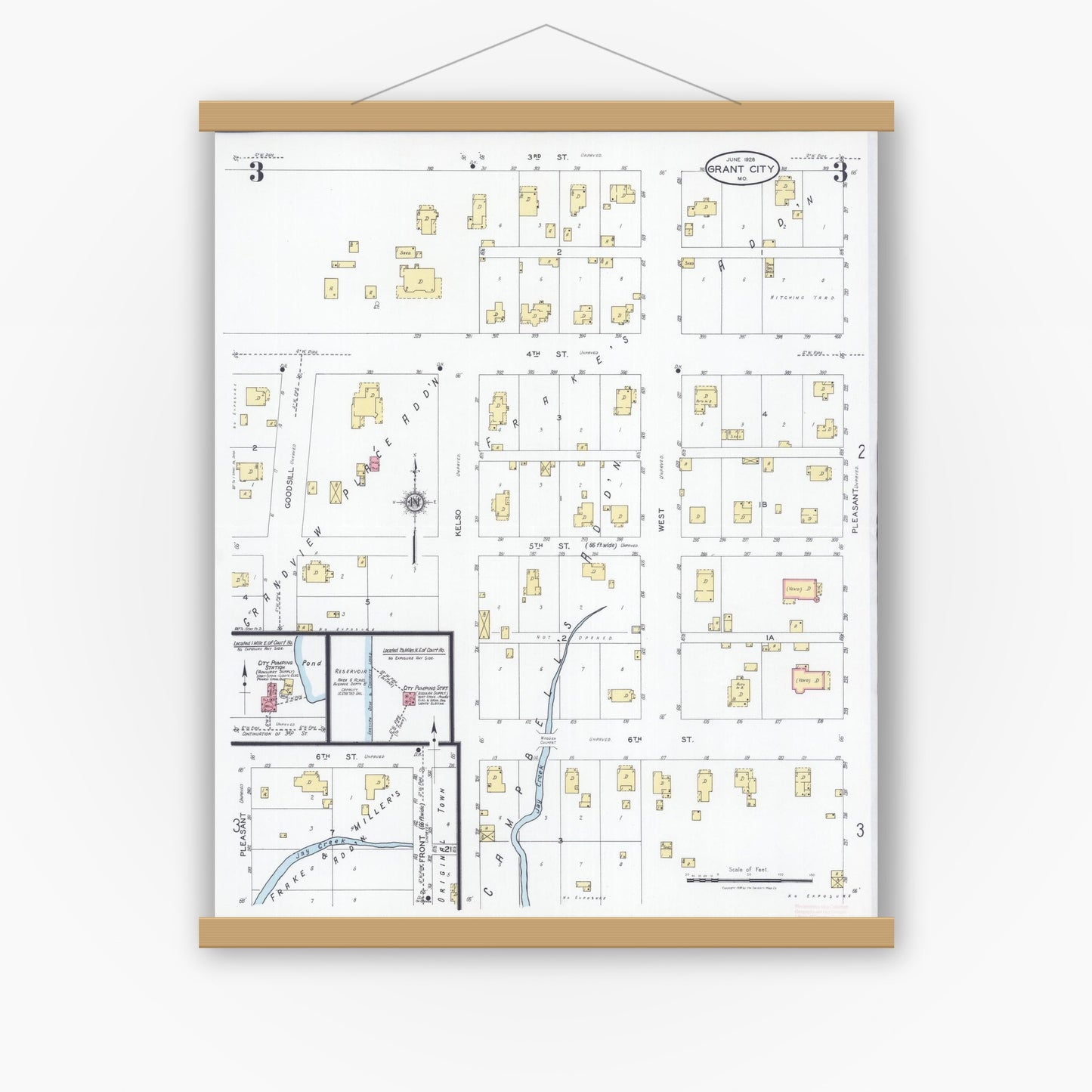 Old map wall art mockup — magnetic wood frame on white wall — Sanborn Fire Insurance Map from Grant City, Worth County, Missouri (1928), Sheet #0003