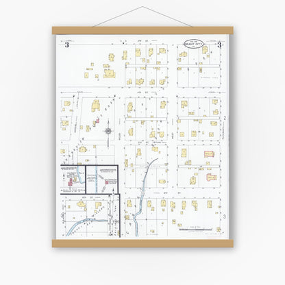 Old map wall art mockup — magnetic wood frame on white wall — Sanborn Fire Insurance Map from Grant City, Worth County, Missouri (1928), Sheet #0003