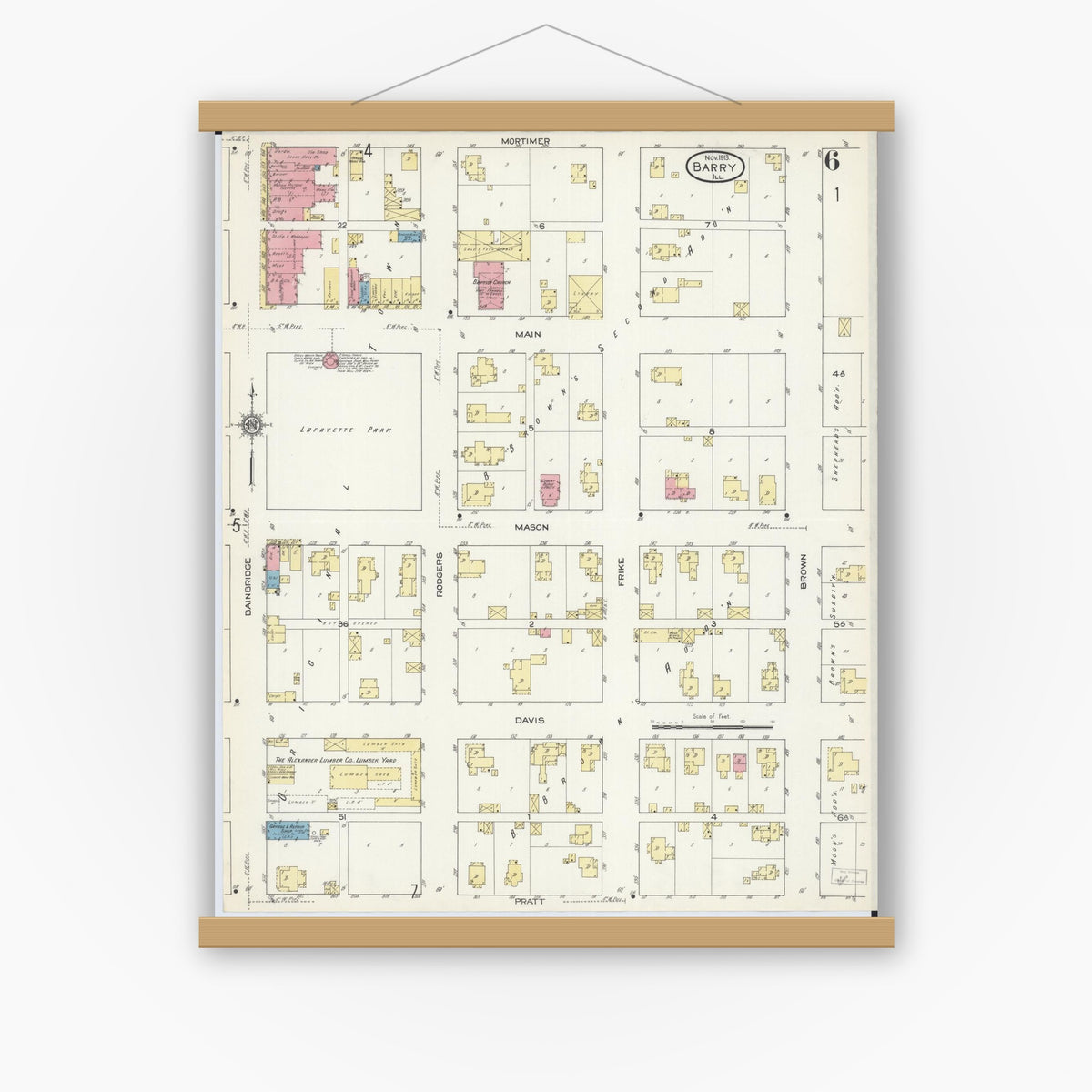Old map wall art mockup — magnetic wood frame on white wall — Sanborn Fire Insurance Map from Barry, Pike County, Illinois (1913), Sheet #0006