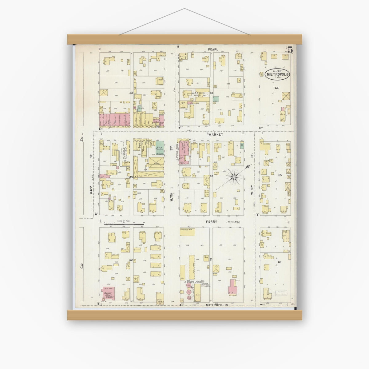 Old map wall art mockup — magnetic wood frame on white wall — Sanborn Fire Insurance Map from Metropolis, Massac County, Illinois (1897), Sheet #0005