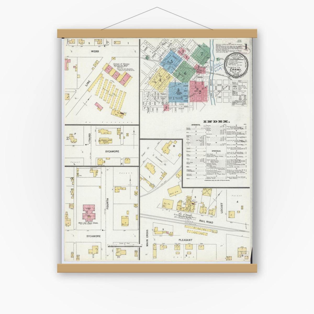 Old map wall art mockup — magnetic wood frame on white wall — Sanborn Fire Insurance Map from Carmi, White County, Illinois (1899) - Complete Map Set