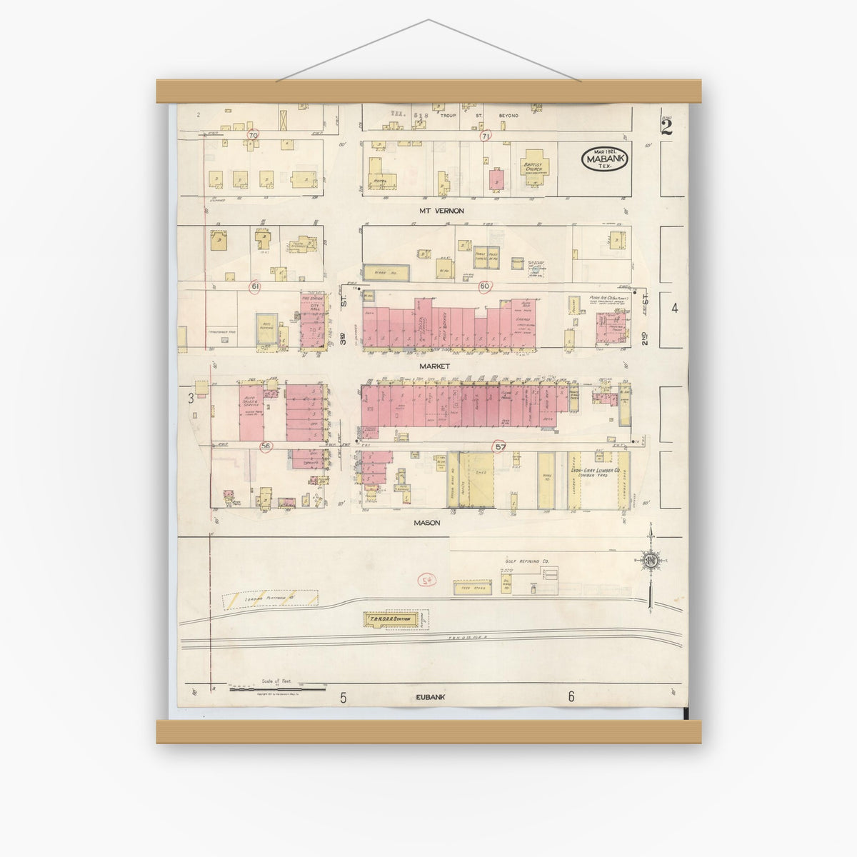 Old map wall art mockup — magnetic wood frame on white wall — Sanborn Fire Insurance Map from Mabank, Kaufman County, Texas (1934), Sheet #0002