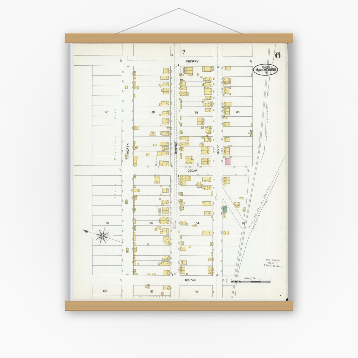 Old map wall art mockup — magnetic wood frame on white wall — Sanborn Fire Insurance Map from Mauch Chunk, Carbon County, Pennsylvania (1902), Sheet #0006
