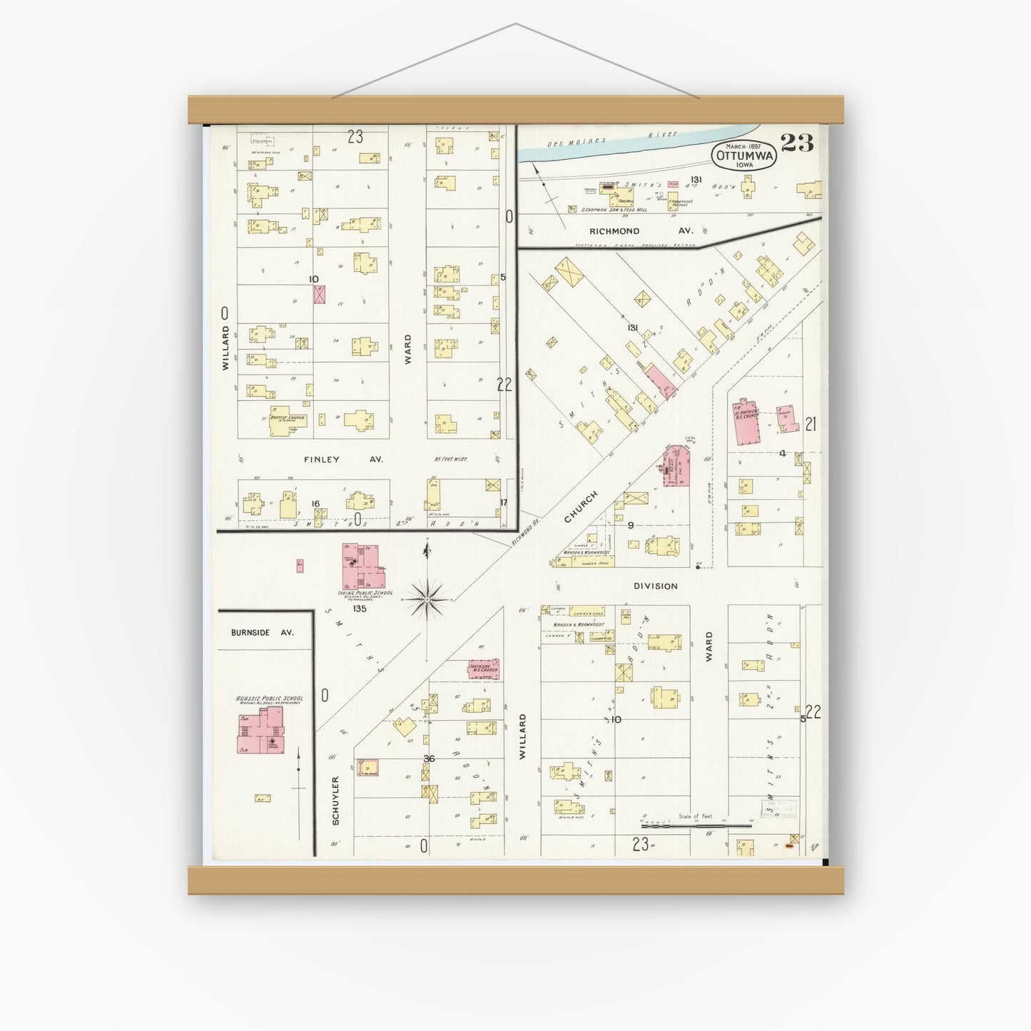Old map wall art mockup — magnetic wood frame on white wall — Sanborn Fire Insurance Map from Ottumwa, Wapello County, Iowa (1897), Sheet #0023