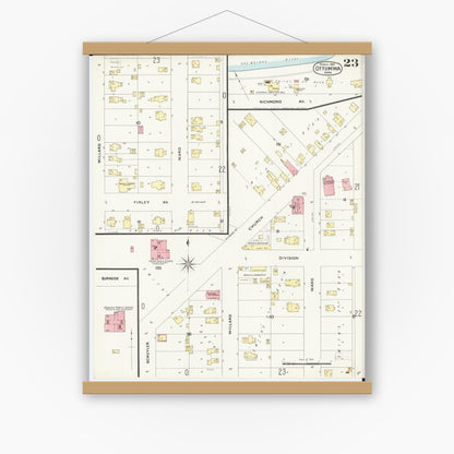 Old map wall art mockup — magnetic wood frame on white wall — Sanborn Fire Insurance Map from Ottumwa, Wapello County, Iowa (1897), Sheet #0023