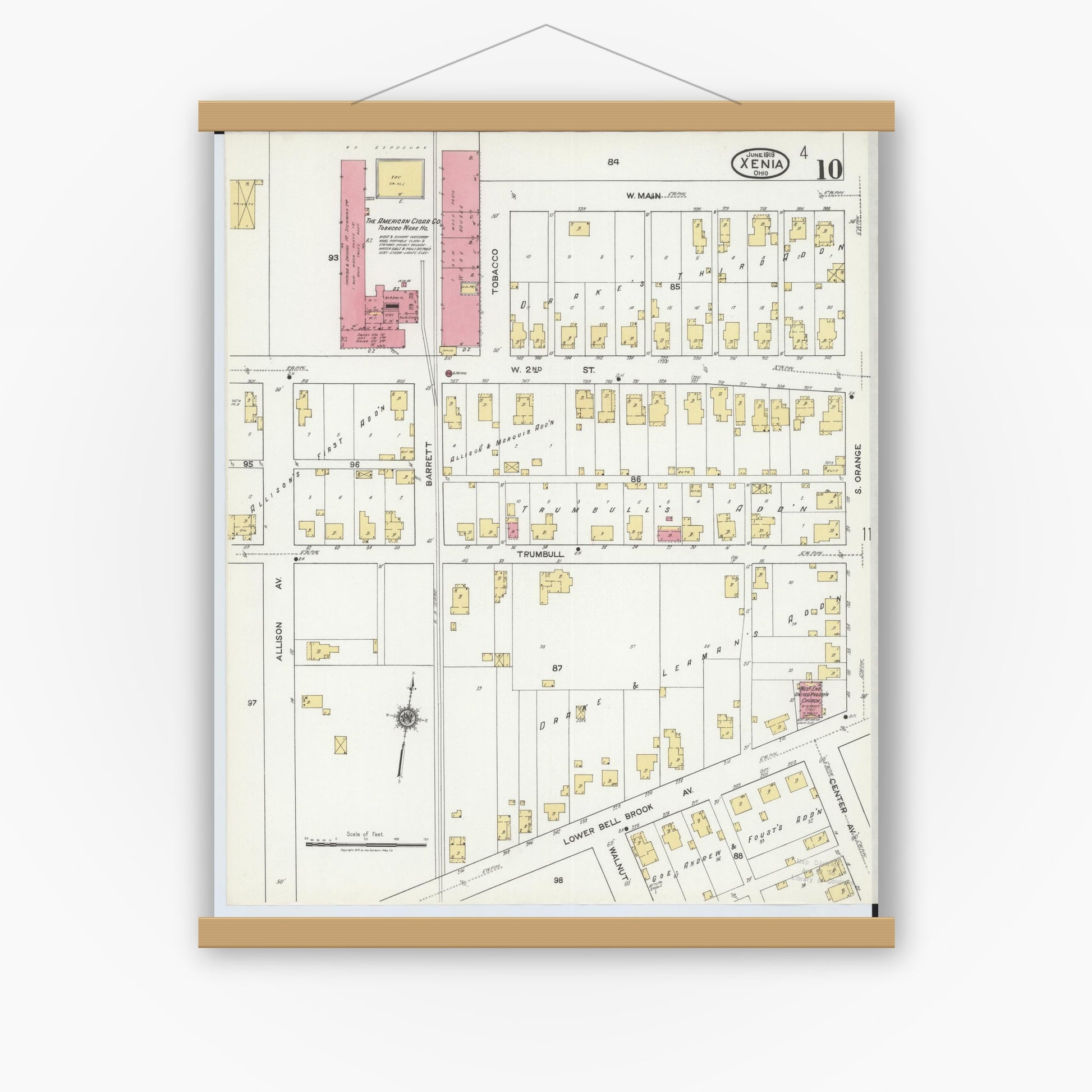 Old map wall art mockup — magnetic wood frame on white wall — Sanborn Fire Insurance Map from Xenia, Greene County, Ohio (1919), Sheet #0010
