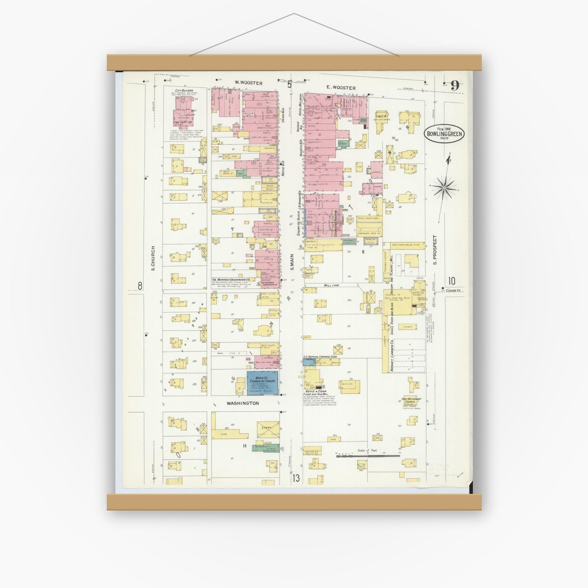Old map wall art mockup — magnetic wood frame on white wall — Sanborn Fire Insurance Map from Bowling Green, Wood County, Ohio (1908), Sheet #0009