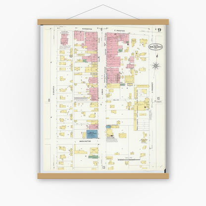 Old map wall art mockup — magnetic wood frame on white wall — Sanborn Fire Insurance Map from Bowling Green, Wood County, Ohio (1908), Sheet #0009