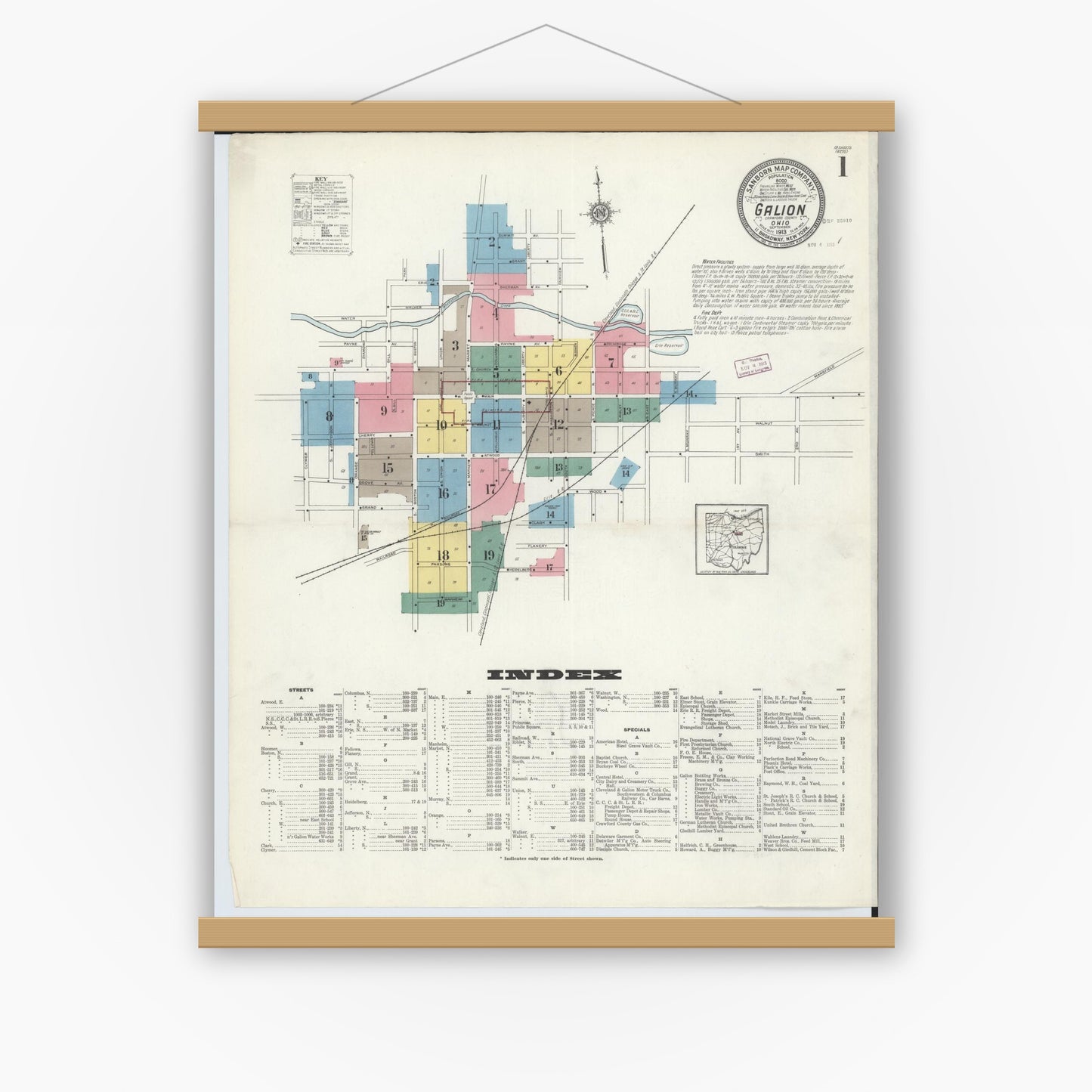 Old map wall art mockup — magnetic wood frame on white wall — Sanborn Fire Insurance Map from Galion, Crawford County, Ohio (1913), Sheet #0001