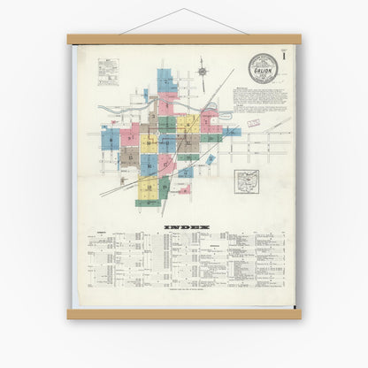 Old map wall art mockup — magnetic wood frame on white wall — Sanborn Fire Insurance Map from Galion, Crawford County, Ohio (1913), Sheet #0001