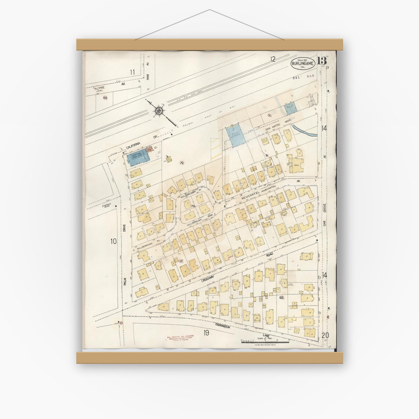 Old map wall art mockup — magnetic wood frame on white wall — Sanborn Fire Insurance Map from Burlingame, San Mateo County, California (1949), Sheet #0013