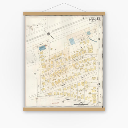 Old map wall art mockup — magnetic wood frame on white wall — Sanborn Fire Insurance Map from Burlingame, San Mateo County, California (1949), Sheet #0013