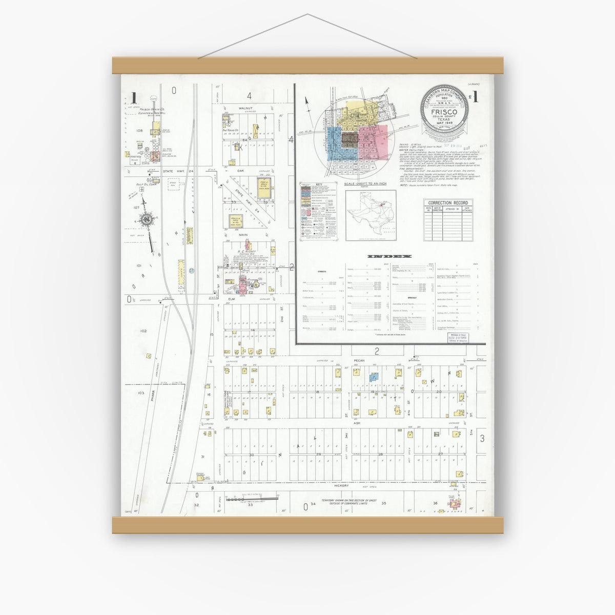 Old map wall art mockup — magnetic wood frame on white wall — Sanborn Fire Insurance Map from Frisco, Collin County, Texas (1949) - Complete Map Set
