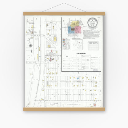 Old map wall art mockup — magnetic wood frame on white wall — Sanborn Fire Insurance Map from Frisco, Collin County, Texas (1949) - Complete Map Set