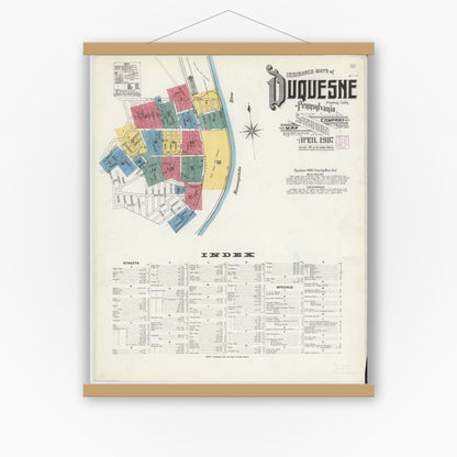 Old map wall art mockup — magnetic wood frame on white wall — Sanborn Fire Insurance Map from Duquesne, Allegheny County, Pennsylvania (1907) - Complete Map Set