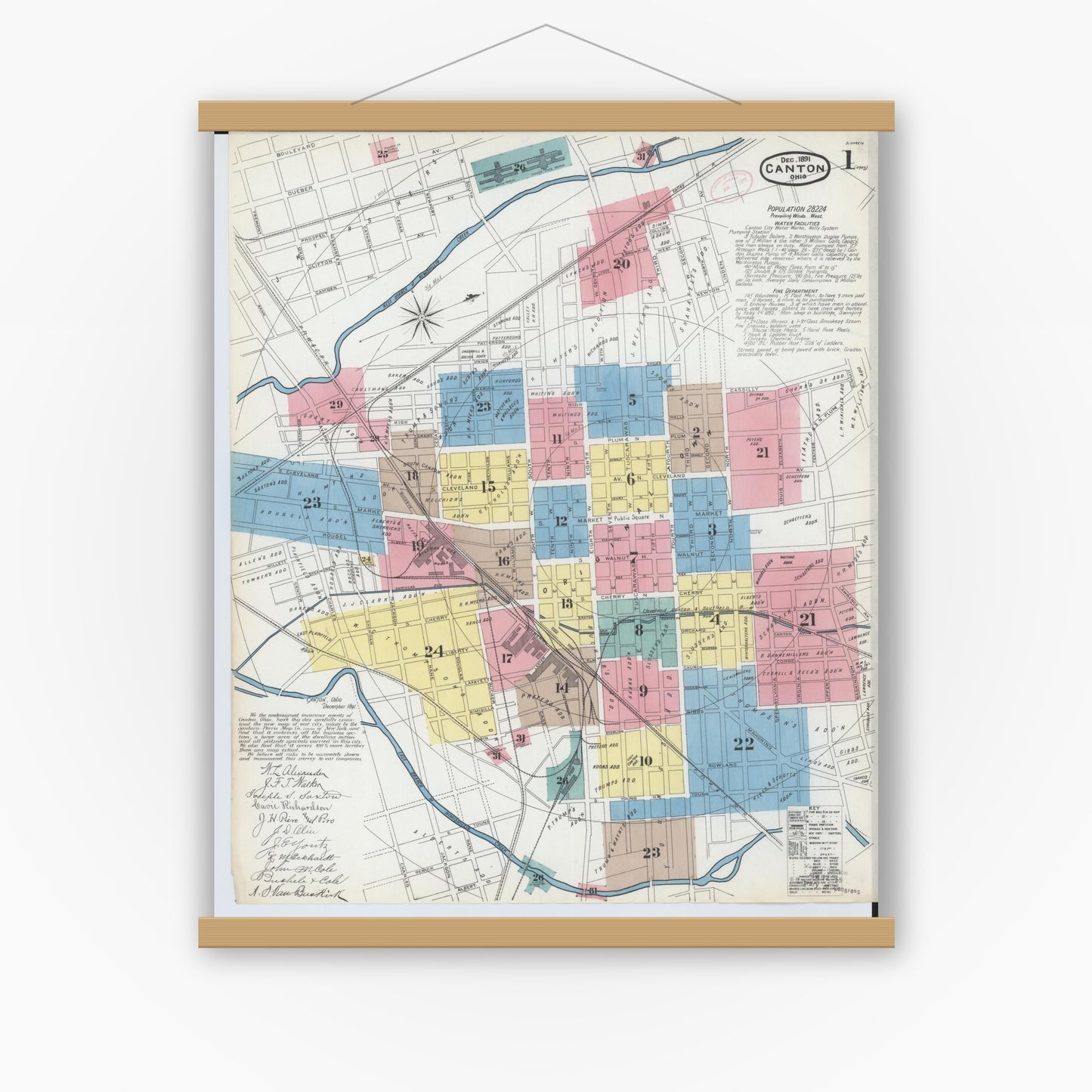 Old map wall art mockup — magnetic wood frame on white wall — Sanborn Fire Insurance Map from Canton, Stark County, Ohio (1891), Sheet #0001
