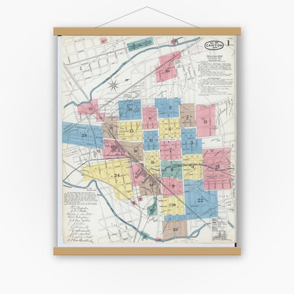 Old map wall art mockup — magnetic wood frame on white wall — Sanborn Fire Insurance Map from Canton, Stark County, Ohio (1891), Sheet #0001