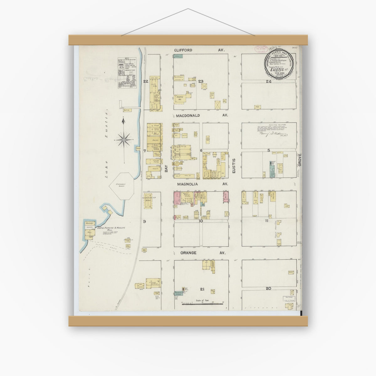 Old map wall art mockup — magnetic wood frame on white wall — Sanborn Fire Insurance Map from Eustis, Lake County, Florida (1890), Sheet #0001